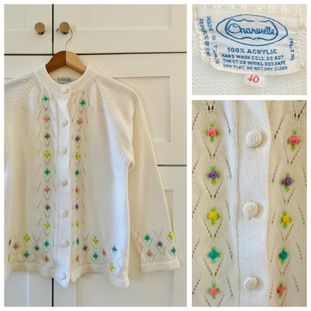 Vintage 1970s Embroidered Floral Knit Grannycore Cardigan Sweater, Button Front - Picture 10 of 17